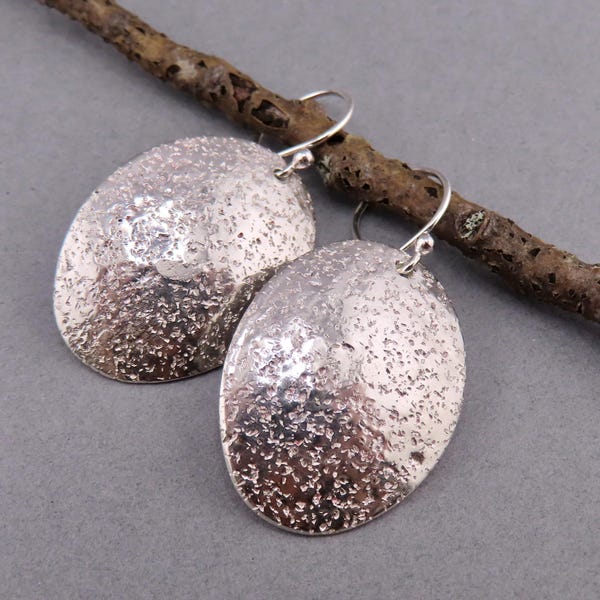 Hand Forged Sterling Silver Earrings, Distressed Oval Medallion, Artisan Jewelry