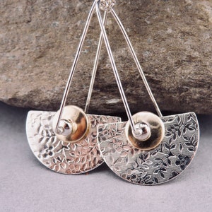 Mixed metal layered textured fan earrings in sterling silver and gold filled, artisan hand forged mixed metal drop earrings, long dangles