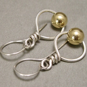 Gold  and silver drop earring, mixed metal dangle earring, gold globe dangle on sterling ring, mixed metal drops, mixed metal jewelry