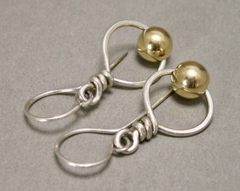 Gold  and silver drop earring, mixed metal dangle earring, gold globe dangle on sterling ring, mixed metal drops, mixed metal jewelry