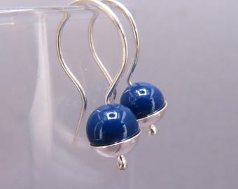 Blue Agate Dangle Earrings: Sterling Silver Bead Caps, Hand Forged