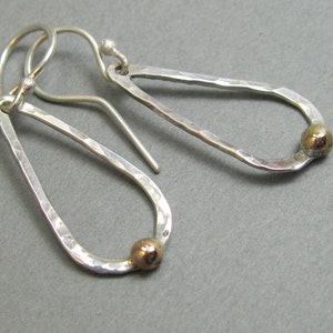 Medium Teardrop Sterling Hammered Earrings with 14kt gold filled accent, Mixed metal Artisan Earrings Handmade Jewelry
