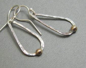 Medium Teardrop Sterling Hammered Earrings with 14kt gold filled accent, Mixed metal Artisan Earrings Handmade Jewelry