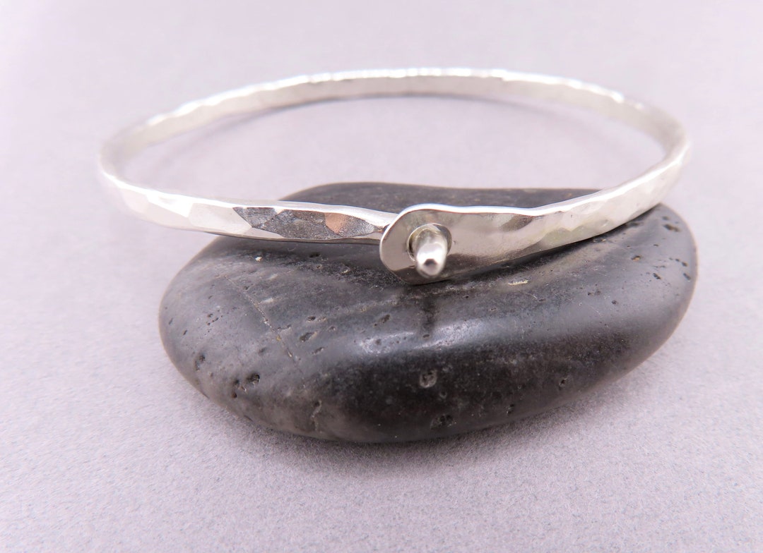 Hammered Sterling Silver Bangle Bracelet, Skinny Handmade Hook