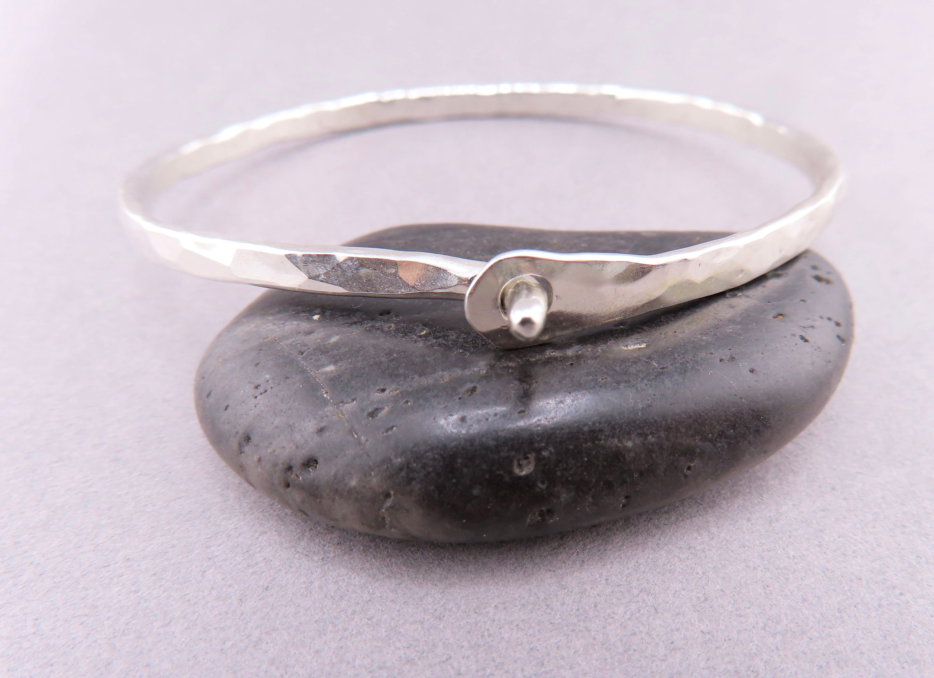 Hammered Sterling Silver Bangle Bracelet, Skinny Handmade Hook