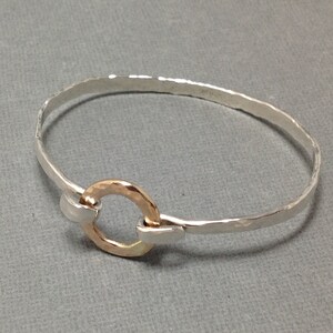Hand Forged Mixed Metal Bangle, Sterling Silver and 14kt Gold Filled Hook Closure