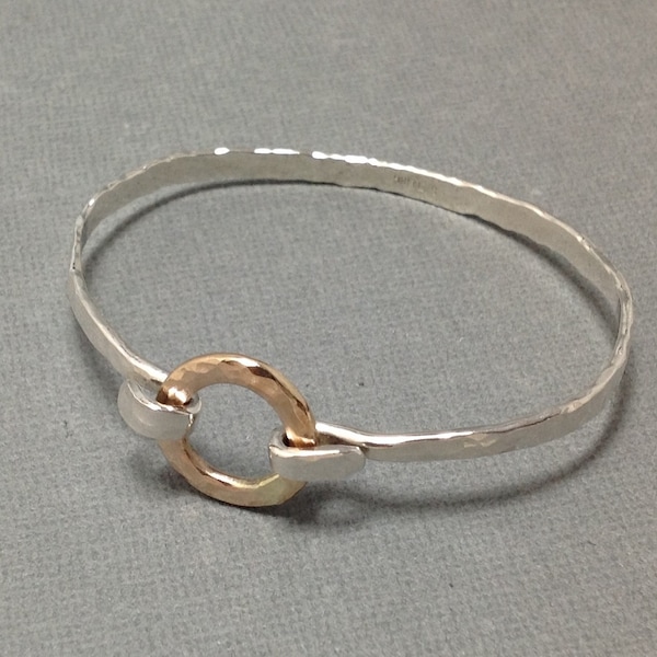 Mixed Metal Hand Forged Bangle with 14kt Gold Filled Circle Closure, Sterling and Gold hammered Artisan Hook Closure Bracelet