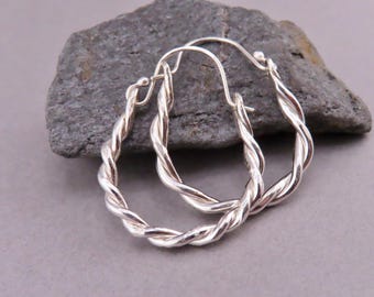 Braided Sterling Silver Hoop Earrings, Hand Forged Twist Wire