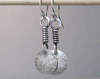 Rustic sterling silver boho dangle earrings, silver patterned drop earrings, wire wrapped pendant earrings