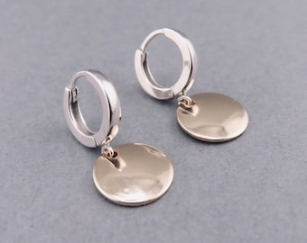 Mixed Metal Sterling Silver Hoop Earrings, Gold Filled Disc Drop