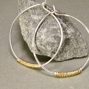 1 1/2 inch lightweight mixed metal Hoops, hand forged silver hoops with gold filled wire accent, Artisan Sterling Hoops with self closure,