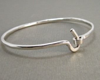 Contemporary Sterling Silver Hammered Artisan Bangle Bracelet with Hook Closure, Handmade Sterling Bangle, Hand Forged Women's Bracelet