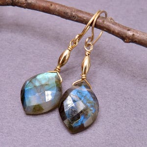 Elegant faceted labradorite dangle earrings with gold filled accents and gold filled ear wire, gold and labradorite drop statement earrings