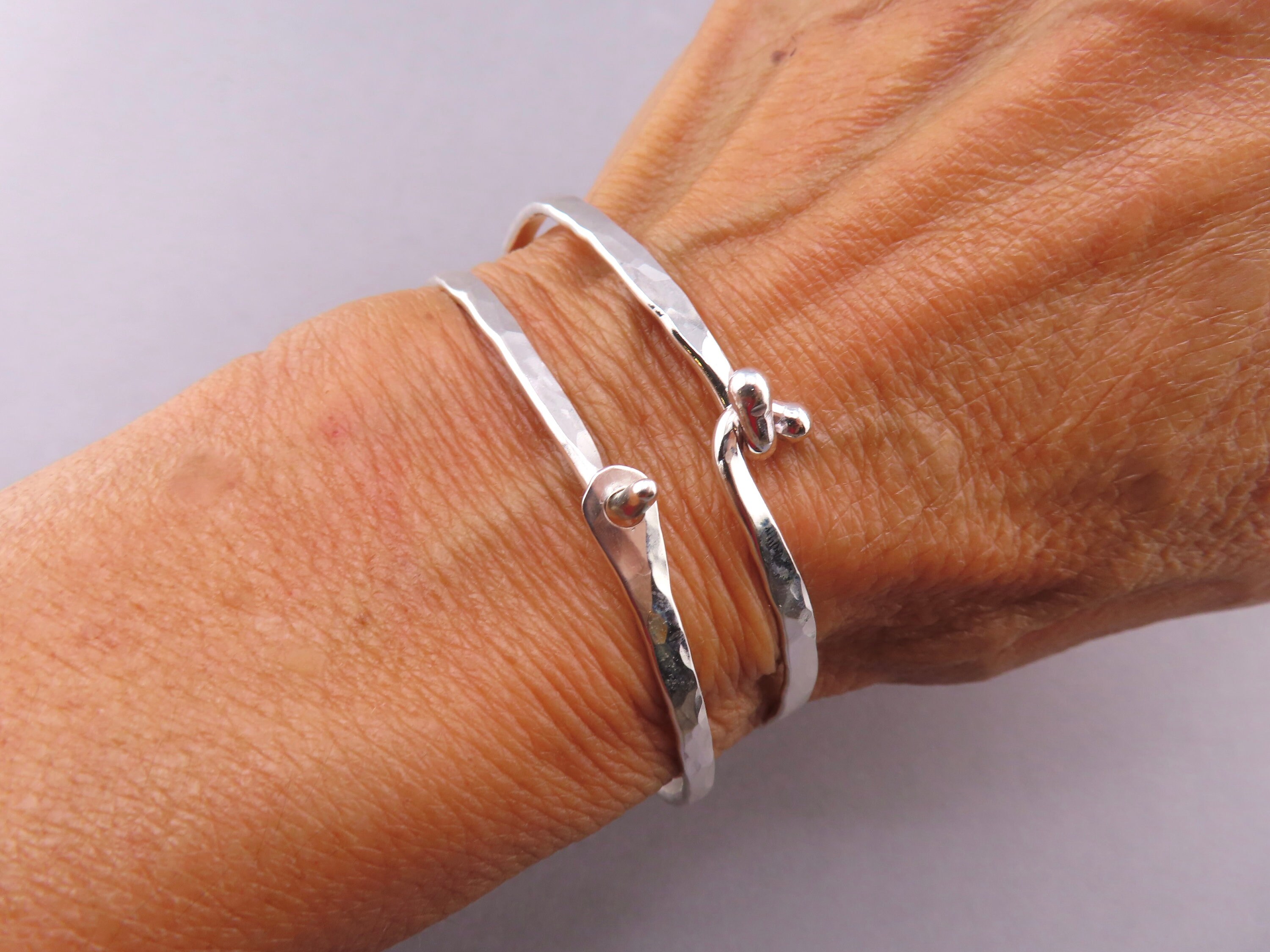 Hammered Sterling Silver Bangle Bracelet, Skinny Handmade Hook