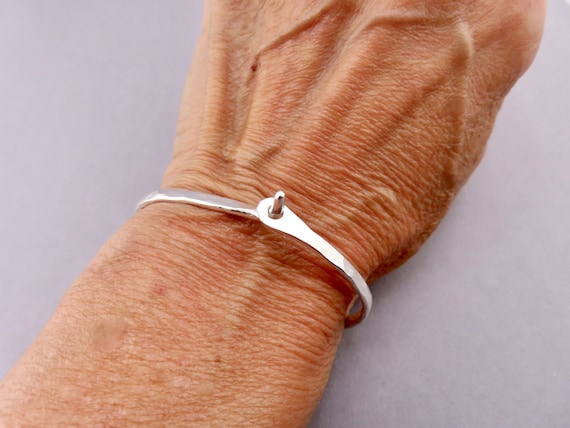 Hammered Sterling Silver Bangle Bracelet, Skinny Handmade Hook
