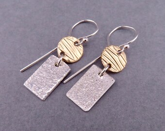 Mixed metal geometric dangles in sterling silver and gold filled, contemporary dangle earrings, mixed metal jewelry, textured earrings