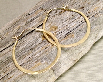 Self Locking 14kt gold filled Hammered Hoops, Artisan Hand Forged Continuous Hoops, 1 1/2 inch gold hoops, heirloom artisan gold earrings