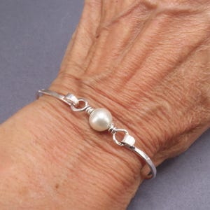 Sterling Silver Skinny Latch Bangle, Pearl Accent, Hand Forged Bracelet