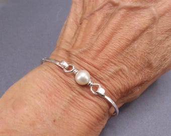 Sterling Silver Skinny Latch Bangle, Pearl Accent, Hand Forged Bracelet