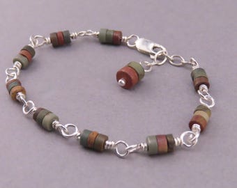 Red Creek Jasper Sterling Silver Bracelet, Boho Gemstone Heishi Beads