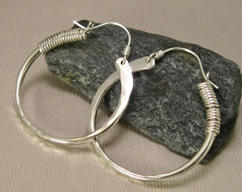 Sterling Silver Hammered Hoops, Bi-directional Artisan Hand Forged Hoops by Liz Blanchflower, artisan handmade metalsmith hoop earrings