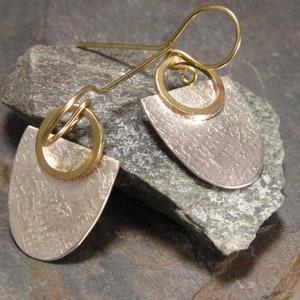 Mixed metal textured fan earrings in sterling silver and gold filled, artisan hand forged mixed metal drop earrings