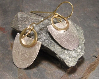 Mixed metal textured fan earrings in sterling silver and gold filled, artisan hand forged mixed metal drop earrings