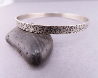 Floral Patterned Sterling Silver Bangle Bracelet,  Handmade Artisan Textured Sterling Bangle, Handmade Sterling Jewelry, heavyweight bangle