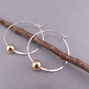 1 1/2 inch lightweight mixed metal Hoops, hand forged silver hoops with gold filled bead accent, Artisan Sterling Hoops with self closure,
