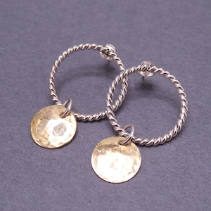 Mixed metal sterling silver twist wire hoops with gold filled dangle and post and ear nut closure, gold and silver hoop dangles, silver hoop