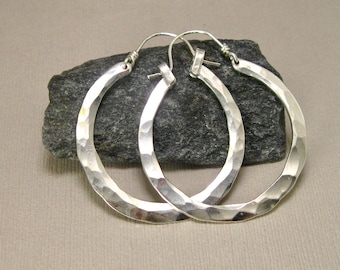 Seriously Hammered Silver Hoops with Arm Closure in 2 sizes , Large Sterling Hoop Earrings Handmade Artisan Metalsmith Jewelry