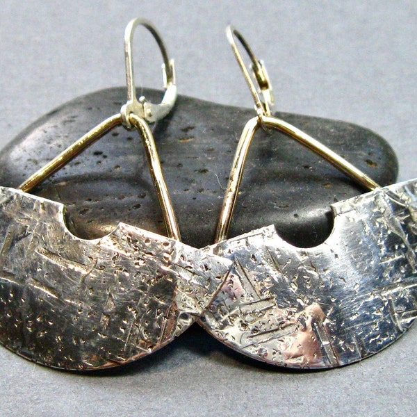 Mixed metal gold and silver statement earrings in 2 sizes, contemporary artisan statement earrings, boho fan drops, metalsmith jewelry