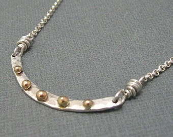 Small Artisan Hammered Sterling Silver Bar Necklace with 14 karat Gold Filled Nuggets Handcrafted Mixed Metal Jewelry