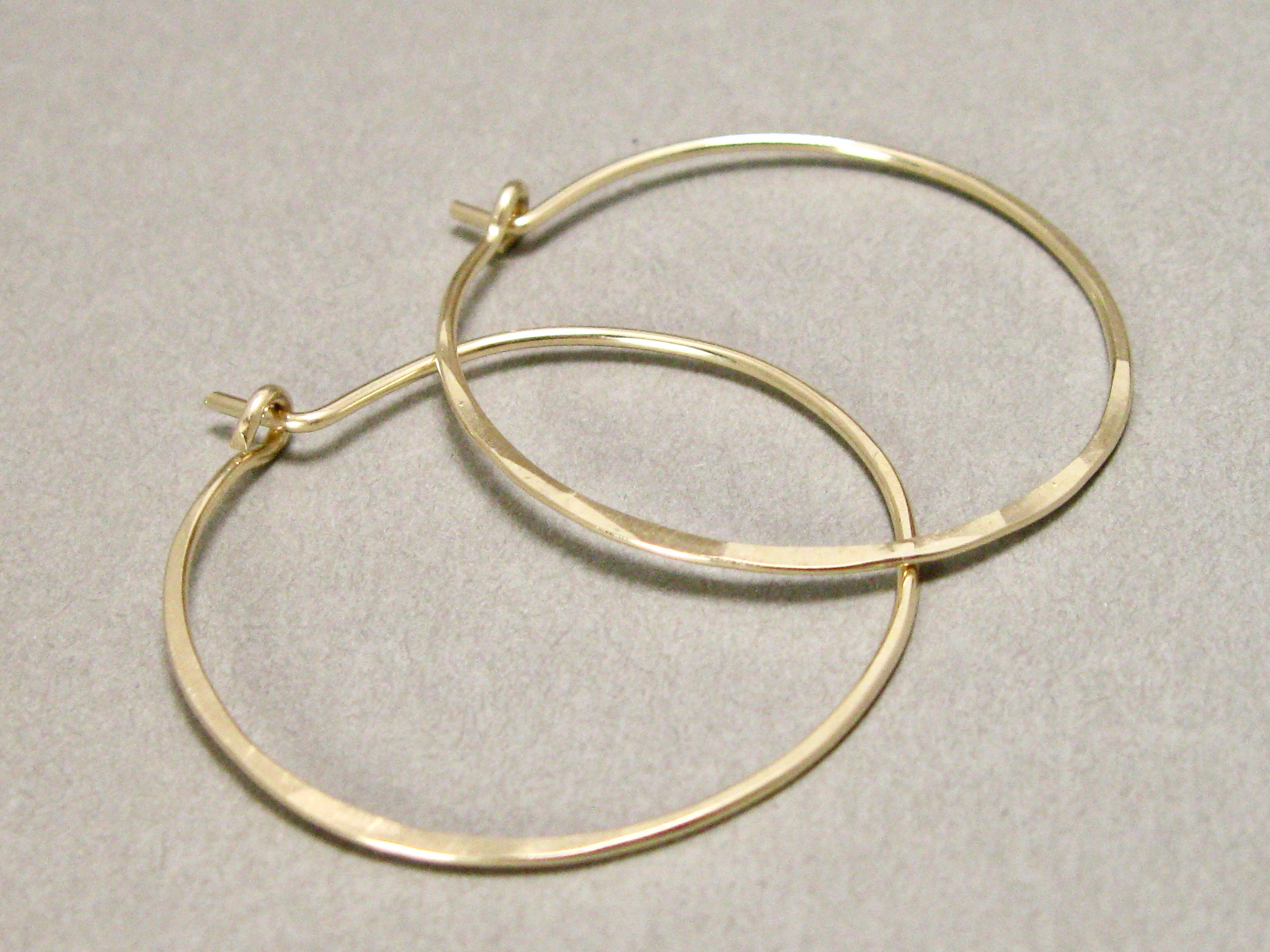 14 kt artisan Wire Hoops with self closure, 1 3/4 inch lightweight minimalist Hoops in 14kt gold, Hand Forged,  boho hoops