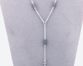 Minimalist sterling silver lariat with silver bead accents, delicate silver Y necklace, feminine boho necklace with beaded drop, bohemian