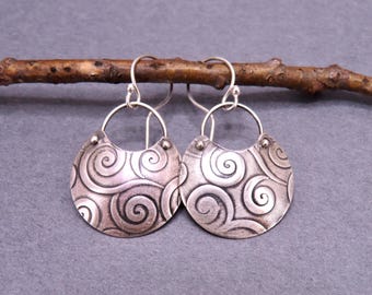 Oxidized Sterling Silver Medallion Earrings, Whimsical Swirl Design