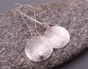 Hand Forged Sterling Silver Dangle Earrings, Textured Disc Artisan Drops