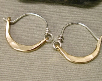 Petite Artisan Hammered Mixed Metal Hoops, Hand Forged Mixed Metal Earrings, gold filled Horseshoe Hoops with sterling silver lever closure