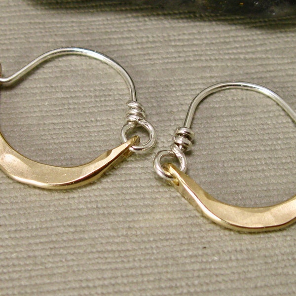 Petite Artisan Hammered Mixed Metal Hoops, Hand Forged Mixed Metal Earrings, gold filled Horseshoe Hoops with sterling silver lever closure