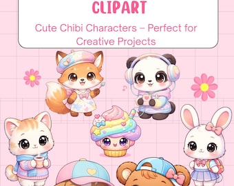 Chibi Pastel Animal Clipart – Teddy Bear, Bunny & Kitten – Cute Digital Clipart for Crafts, Stickers, and Printables