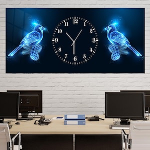 Blue Digital Birds Tempered Glass Wall Clock – 110x50 cm (43.3&quot;x19.7&quot;) Modern UV Printed Wall Art