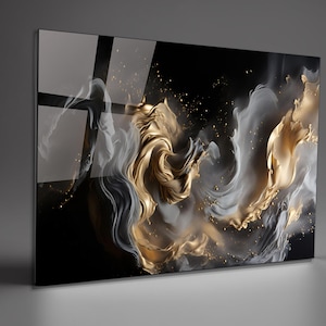 Abstract Tempered Glass Wall Ar Black Gray Smoke Wall Decor Print, Extra Large Glass Wall Art Wall Hangings Gold Wall Art,Housewarming gift