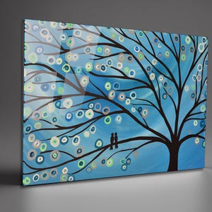 Blue Life of Tree Tempered Glass Wall Art: Abstract Panoramic Decor