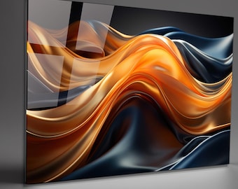 Abstract Tempered Glass Wall Art: Black & Orange Wave Decor
