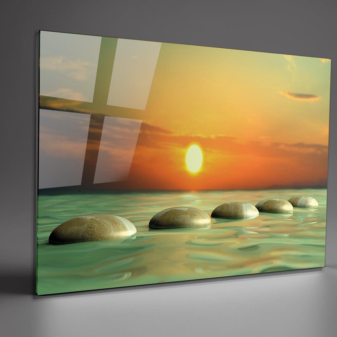 Zen Stones Sunset Tempered Glass Wall Art: Spa Bathroom Decor - Etsy