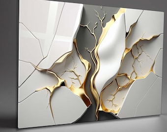 White and Gold Marble Abstract Tempered Glass Wall Art