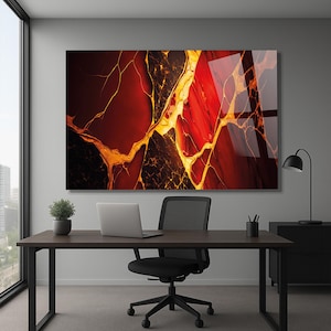 Red and Gold Lava Abstract Tempered Glass Wall Art – Modern Luxury Volcanic-Inspired Home Decor – Custom Sizes