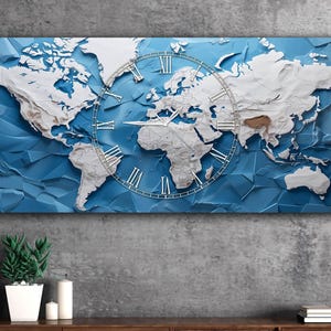 Weltkarte Wanduhr gehärtetes Glas Kunst extra große Wandkunst UV gedruckt Panorama-Dekor Buntglas fertig zum Aufhängen, Einweihungsgeschenk