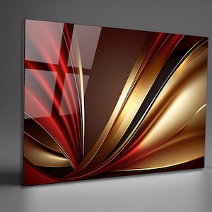 Gold Red Abstract Tempered Glass Art Extra Large Abstract Wall Art UV Printed Panoramic Decor Stained Glass Ready to Hang, Housewarming Gift