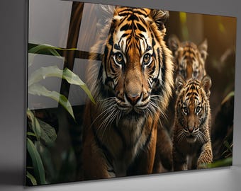 Tiger Family Tempered Glass Wall Art: Extra Large Panoramic Decor